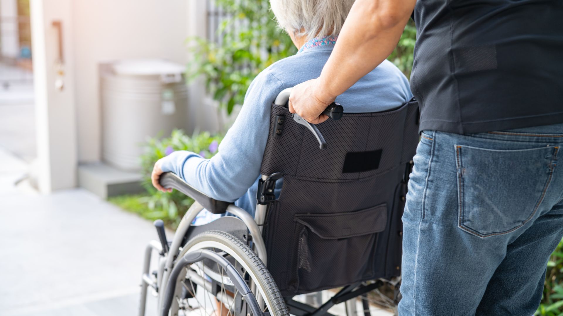 Caregiver pushing wheelchair for elderly person outdoors near plants